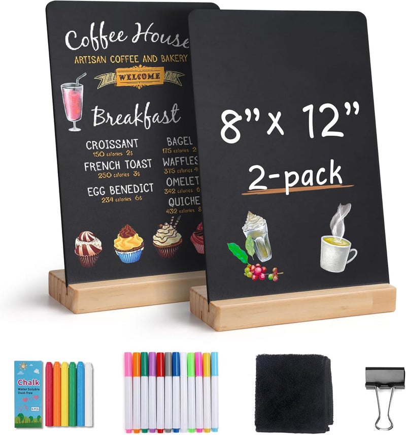 SELEAD Small Chalkboard Words Sign - 2 Pack 8x12 Inch Tabletop Decorative Chalk Board with Wooden Stand, Double-Sided Erasable Message Menu Board for Food, Store, Business, Wedding - Image 1